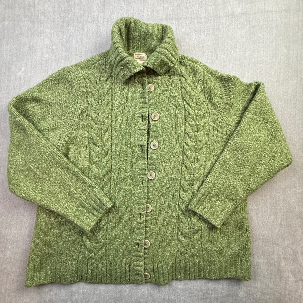 LL Bean Women‎ 2X Green Wool Blend Cable Knit Button Front Cardigan Sweater Mock